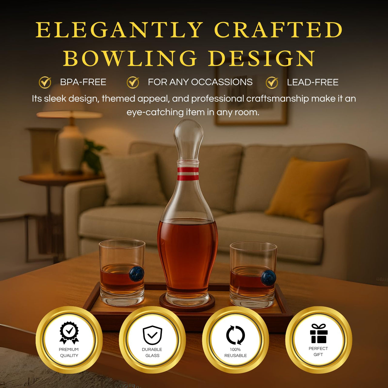 The Wine Savant Bowling Decanter, Sports Themed Whiskey Gift Set Glass Liquor Display Drinkware Bar Accessory - Clear-3