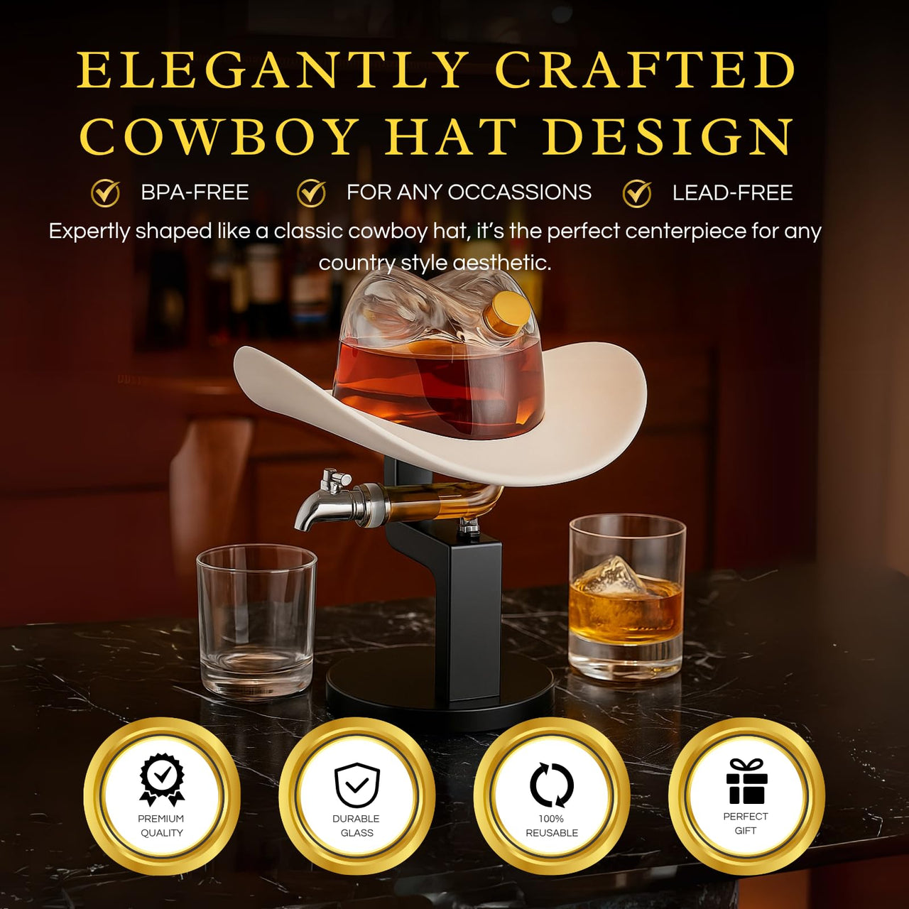 The Wine Savant Cowboy Hat Decanter, Western Style Rustic Design Glass Liquor Container Barware Display - 800ml Clear-3