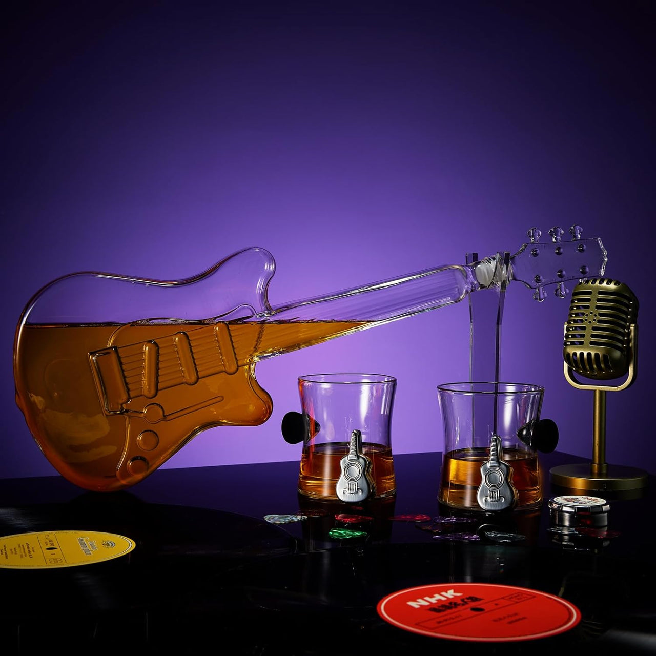 Electric Guitar Whiskey & Wine Decanter with 2 Pick Whiskey Glasses, Acrylic Stand & Case - 34 OZ Glass 16" L for Whiskey Music Lover & Rock N Roll Gifts Musician Music Lovers, Guitar Loves Gifts-1