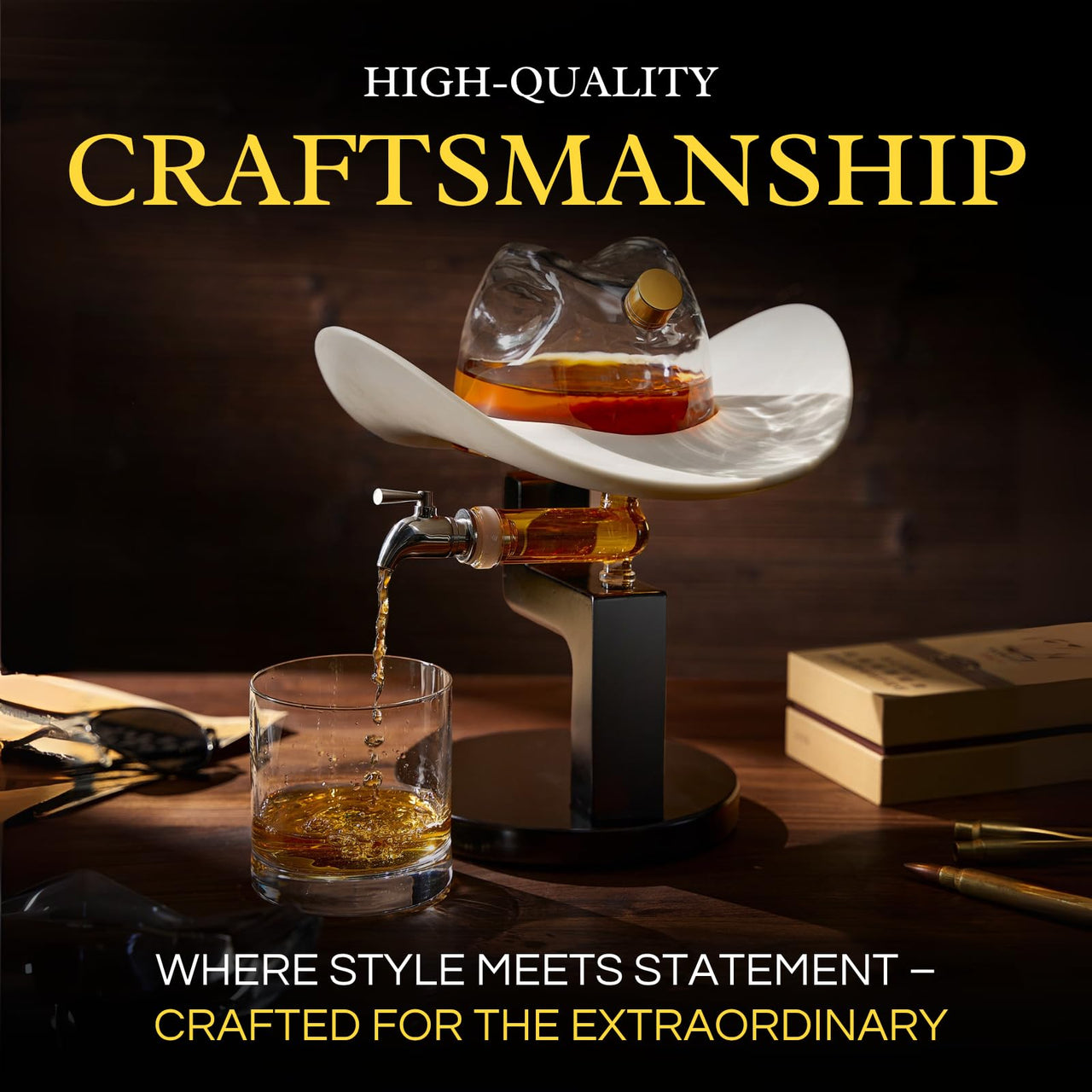 The Wine Savant Cowboy Hat Decanter, Western Style Rustic Design Glass Liquor Container Barware Display - 800ml Clear-4