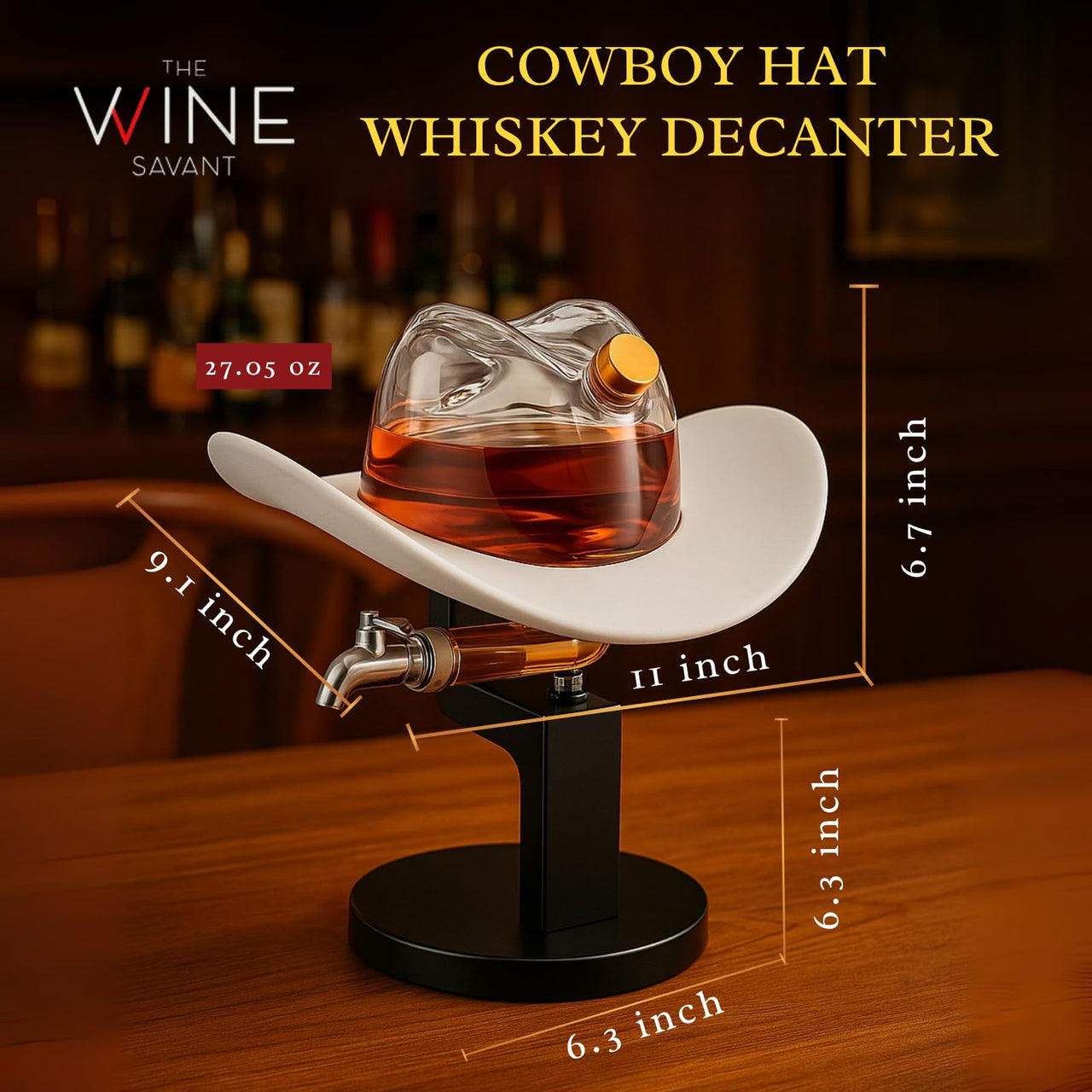 The Wine Savant Cowboy Hat Decanter, Western Style Rustic Design Glass Liquor Container Barware Display - 800ml Clear-1