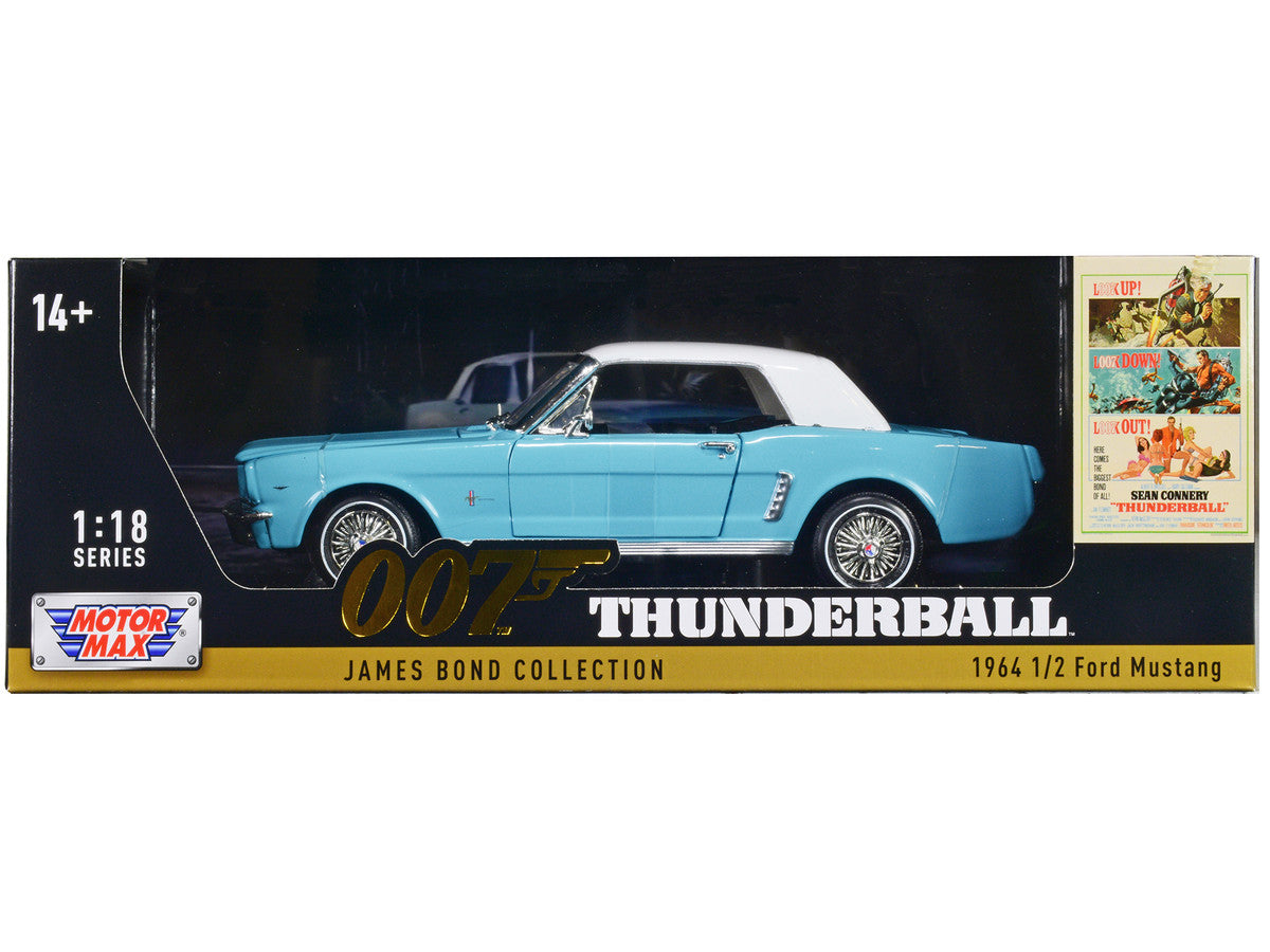 1964 1/2 Ford Mustang Light Blue with White Top James Bond 007 "Thunderball" (1965) Movie "James Bond Collection" Series 1/18 Diecast Model Car by Motormax-0