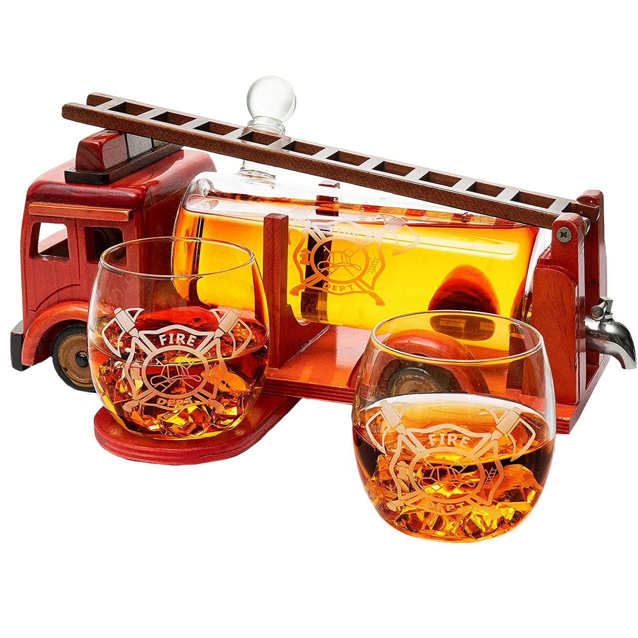 Firetruck Whiskey Decanter with Two 12 oz Glasses Gift Firefighter Gifts, Fireman, Firetruck Figurine, Police Gifts, Fire Department Gifts, Gifts for Firefighters! 600ml 13" L 6" H Gifts for Dad-0