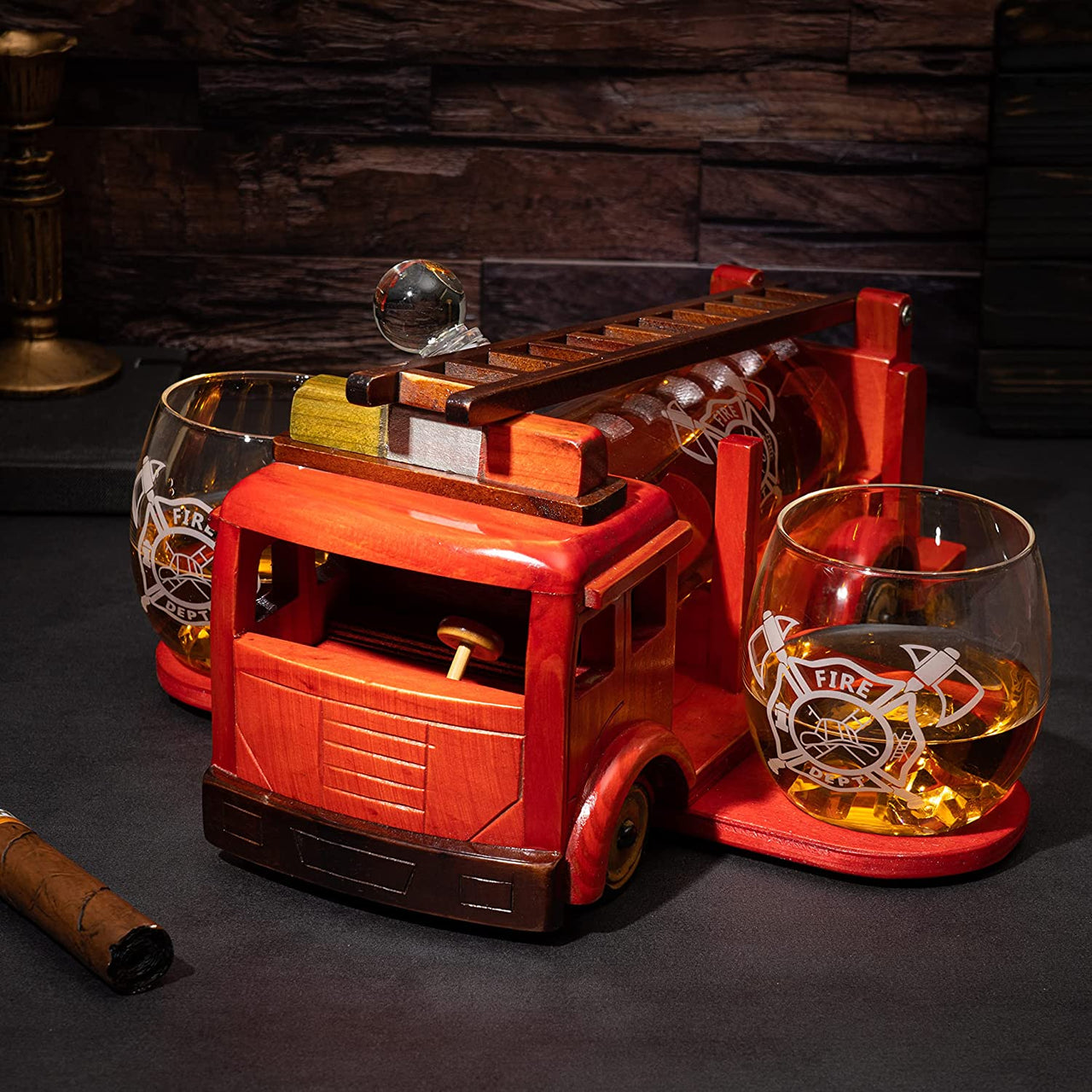 Firetruck Whiskey Decanter with Two 12 oz Glasses Gift Firefighter Gifts, Fireman, Firetruck Figurine, Police Gifts, Fire Department Gifts, Gifts for Firefighters! 600ml 13" L 6" H Gifts for Dad-3