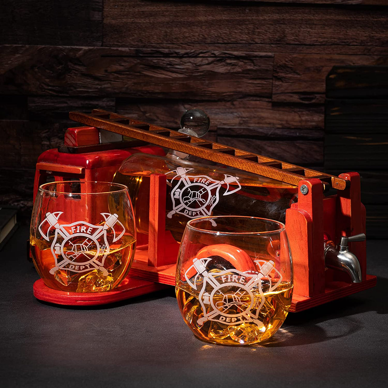 Firetruck Whiskey Decanter with Two 12 oz Glasses Gift Firefighter Gifts, Fireman, Firetruck Figurine, Police Gifts, Fire Department Gifts, Gifts for Firefighters! 600ml 13" L 6" H Gifts for Dad-1