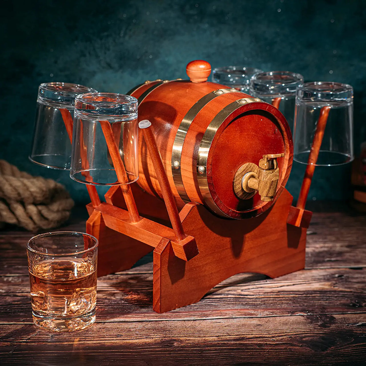 Barrel Decanter with 6 Whiskey Glasses by The Wine Savant - 1000 mL Mahogany Wood Old Fashioned Classic Whiskey Decanter Set, Gifts for Him, Father's Day, Gift Ideas-2