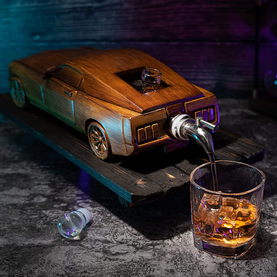 Car Wine & Whiskey Decanter Set 500ml by The Wine Savant 13" L - Wooden Car Figurine, Fastback Car Gifts, Bar Gifts, Parties, Birthdays-2