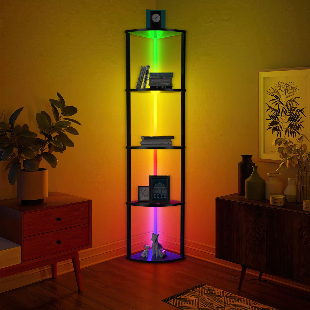64" Corner Shelf Bookshelf with RGB LED Lights-1