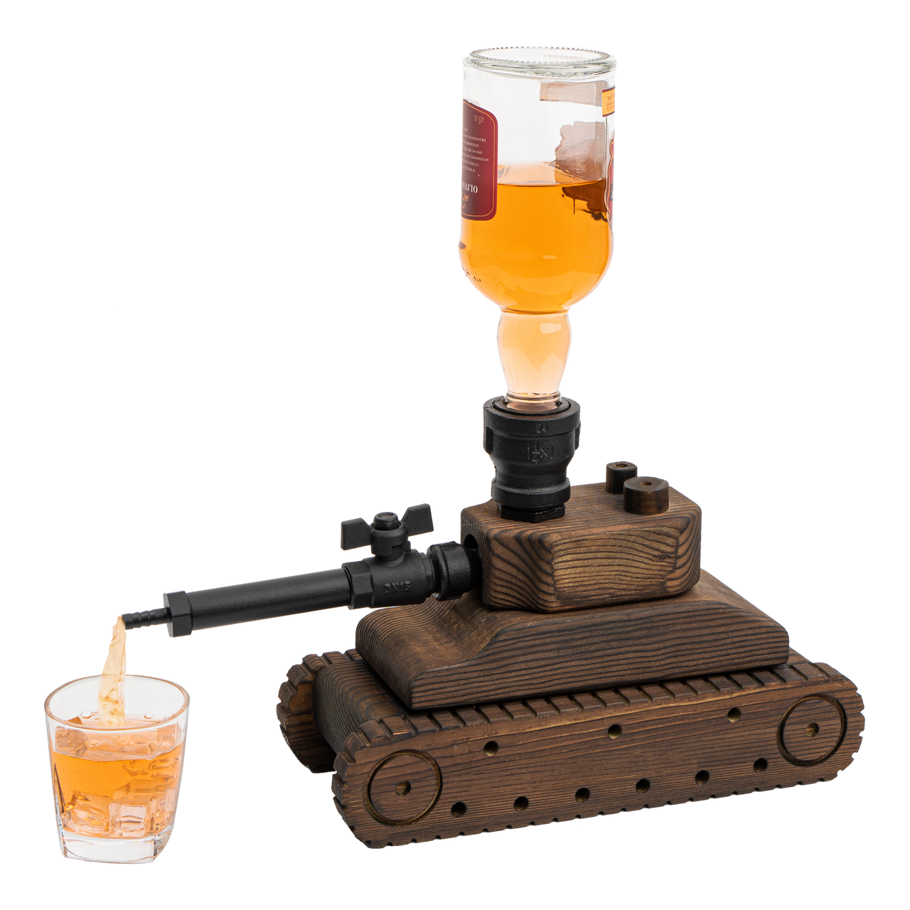 Tank Handcrafted Liquor Dispenser - The Wine Savant - Industrial Pipe Mahogany Wood Whiskey Decanter - Bar Accessories For Home Gifts for Him, Veteran's Day, Military Appreciation, Home Bar Gift-0