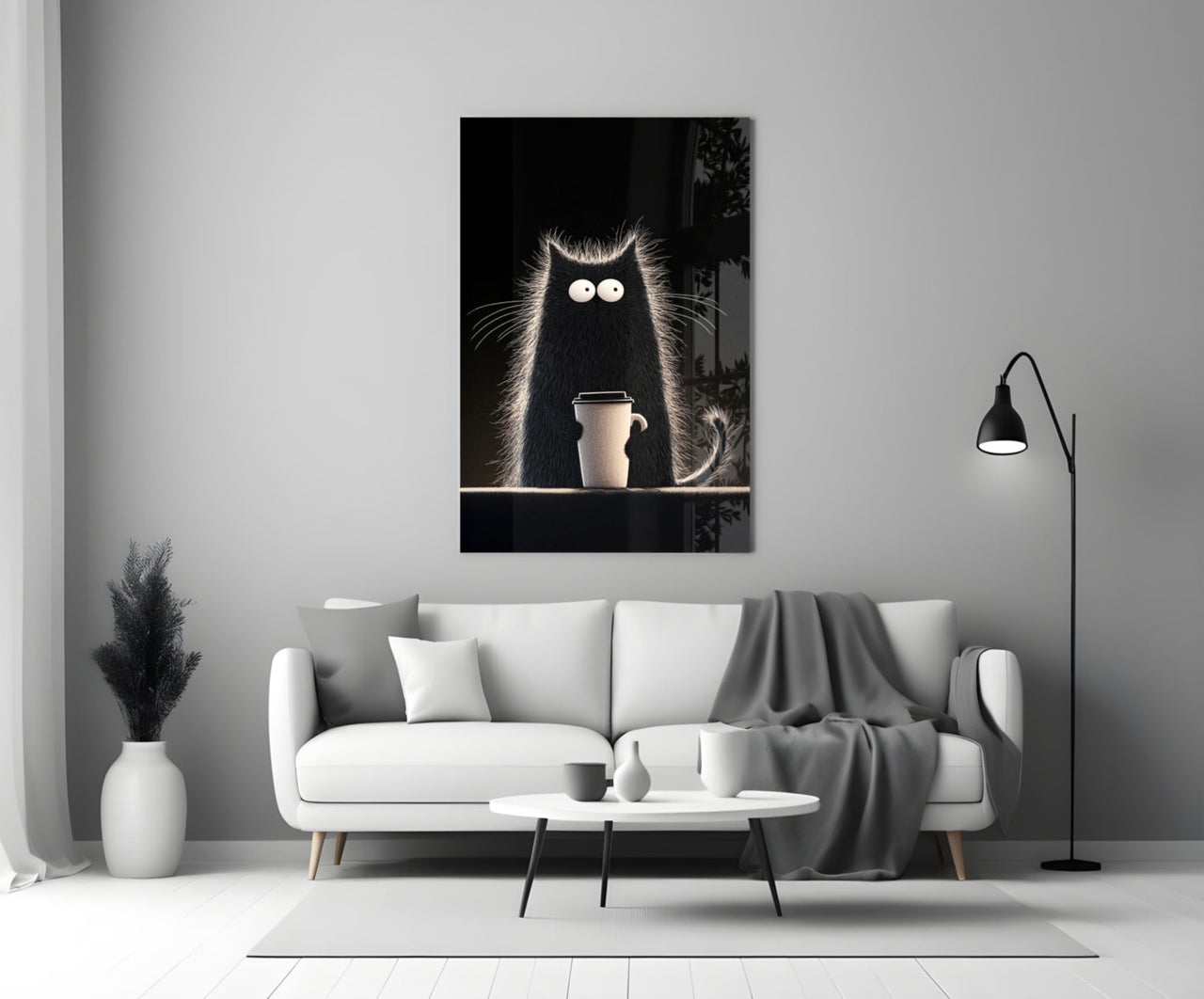 Coffee Lover Cat Glass Wall Art