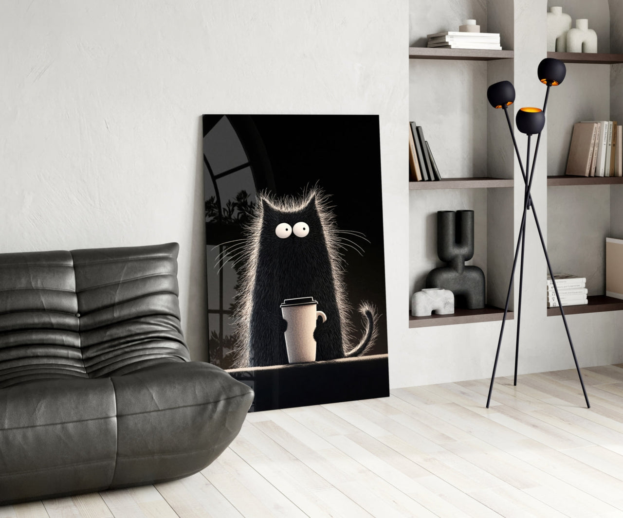 Coffee Lover Cat Glass Wall Art