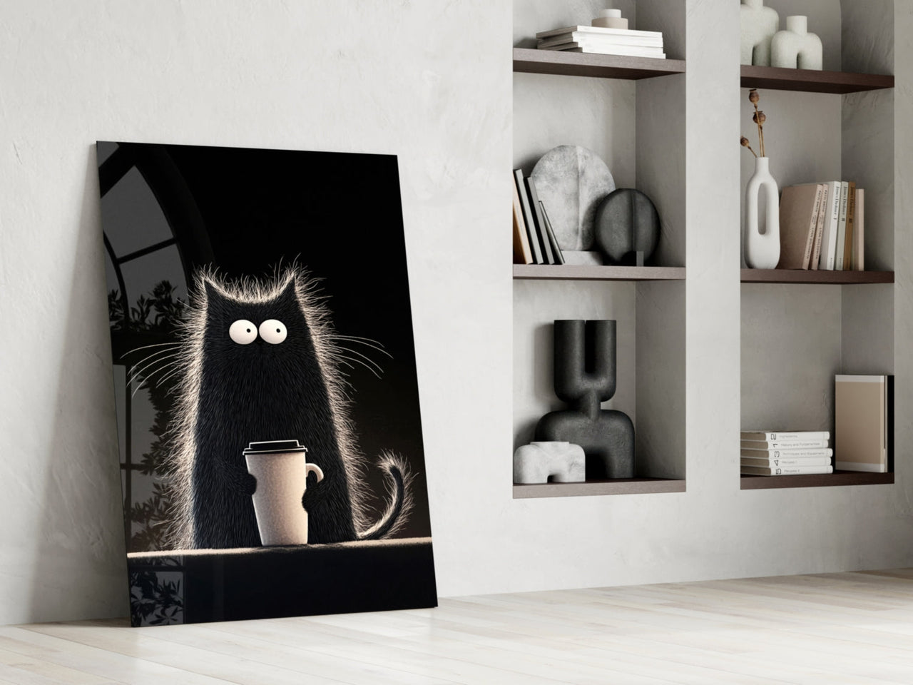 Coffee Lover Cat Glass Wall Art