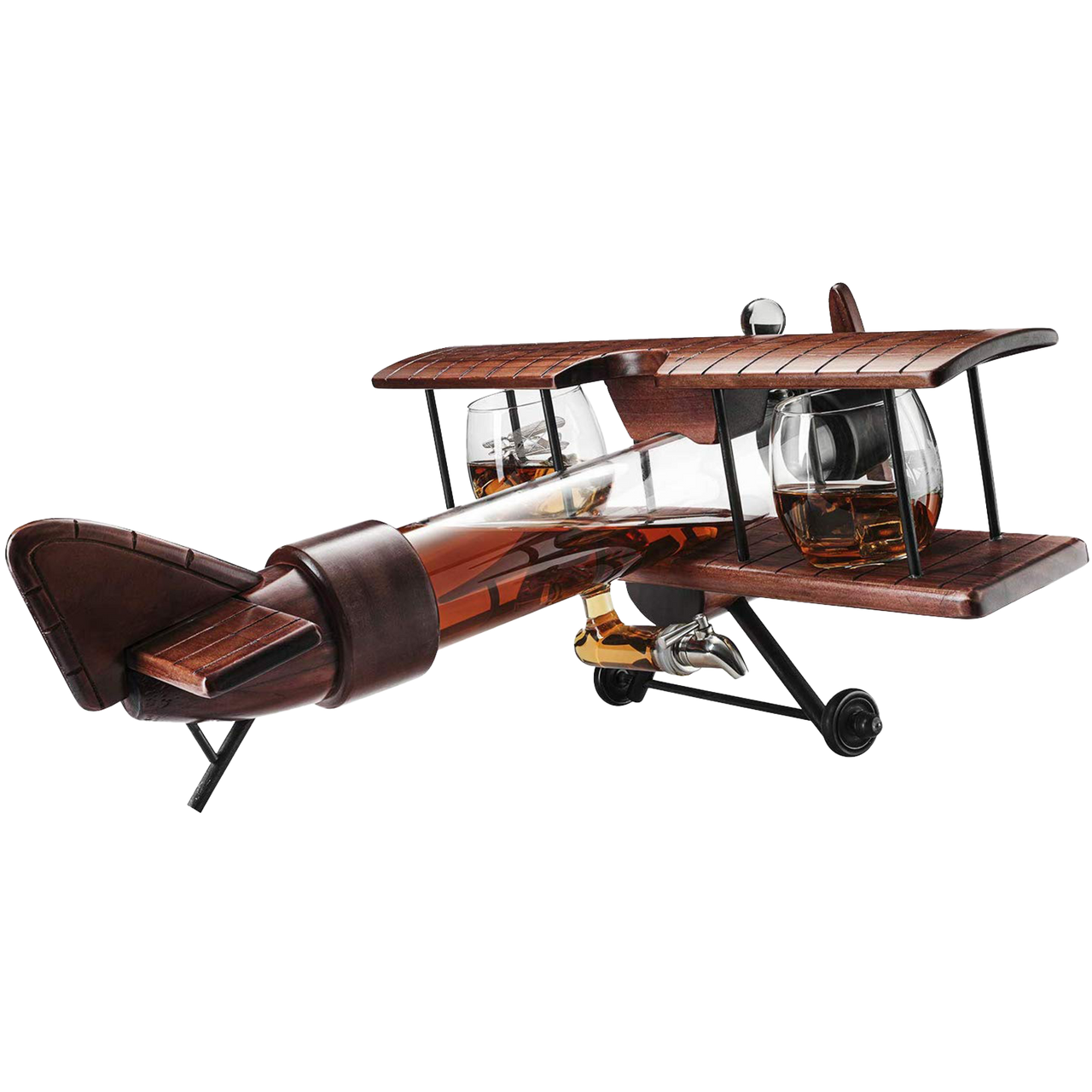 Whiskey & Wine Decanter Airplane Set and Glasses Antique Wood Airplane - The Wine Savant Whiskey Gift Set and 2 Airplane Glasses, Pilot Gift Moving Parts- Alcohol Related Gift, BAR DECOR Large 21"-1