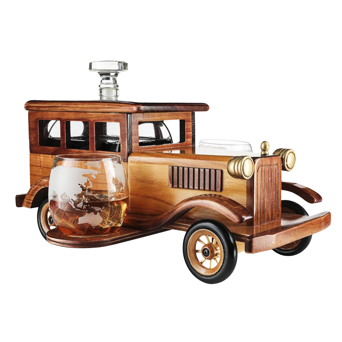 Old Fashioned Car Whiskey Decanter Set, Very Large 15" x 13" x 7" 750ml Decanter Spigot, and 2-10oz Whiskey Tumbler Old Fashion Glasses, Old Fashioned Vintage Car, Limited Edition, Great Bar Gift-0