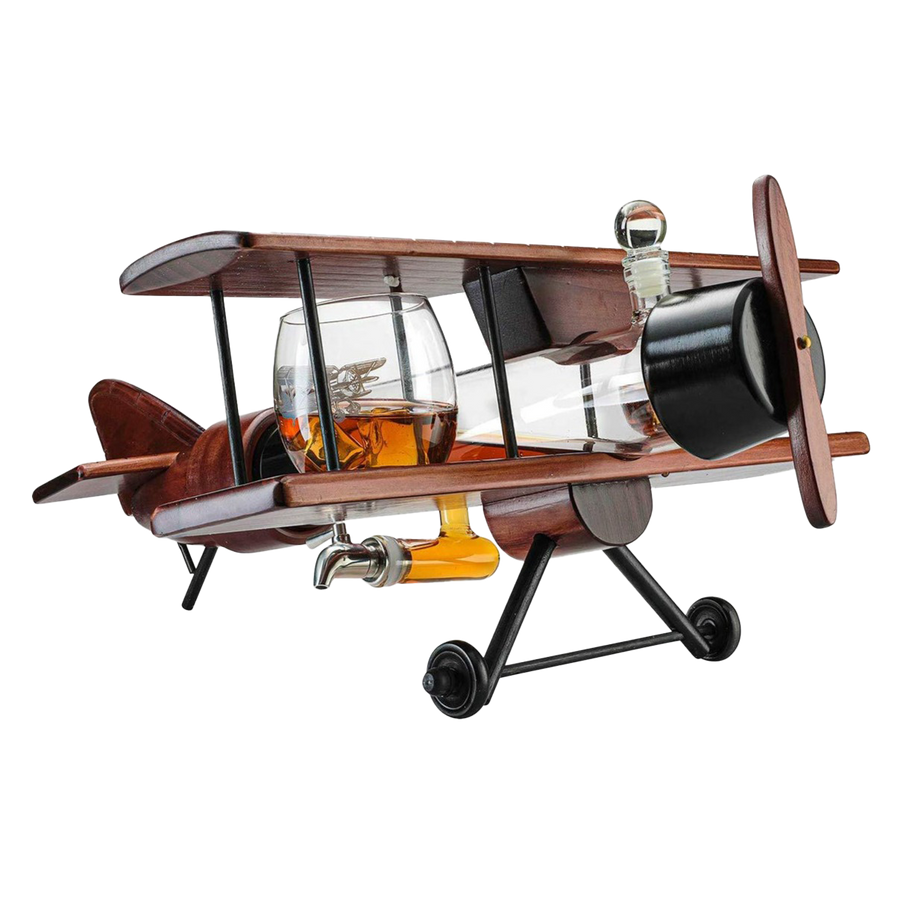Whiskey & Wine Decanter Airplane Set and Glasses Antique Wood Airplane - The Wine Savant Whiskey Gift Set and 2 Airplane Glasses, Pilot Gift Moving Parts- Alcohol Related Gift, BAR DECOR Large 21"-0