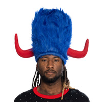 Viking Hat Red and Blue Furry Buffalo with Horns