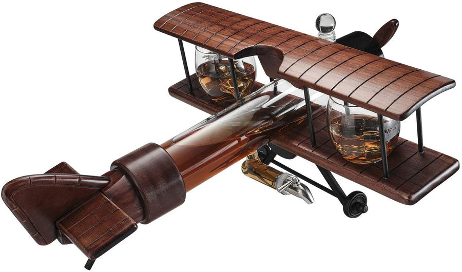 Whiskey & Wine Decanter Airplane Set and Glasses Antique Wood Airplane - The Wine Savant Whiskey Gift Set and 2 Airplane Glasses, Pilot Gift Moving Parts- Alcohol Related Gift, BAR DECOR Large 21"-3