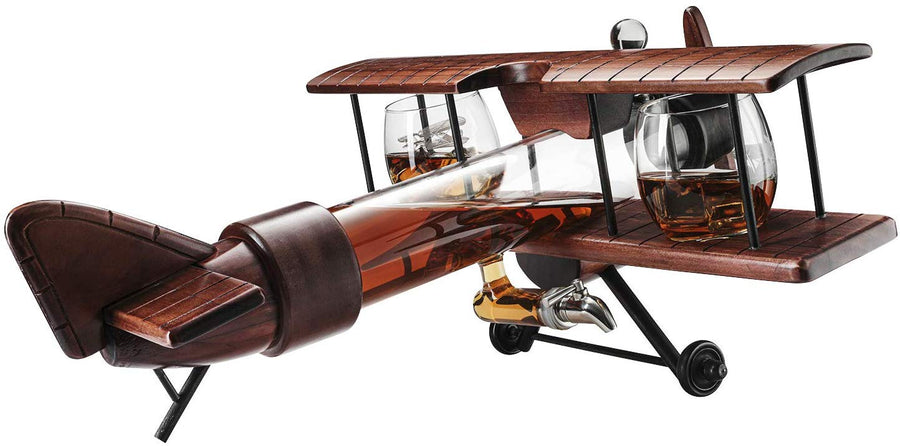 Whiskey & Wine Decanter Airplane Set and Glasses Antique Wood Airplane - The Wine Savant Whiskey Gift Set and 2 Airplane Glasses, Pilot Gift Moving Parts- Alcohol Related Gift, BAR DECOR Large 21"-4