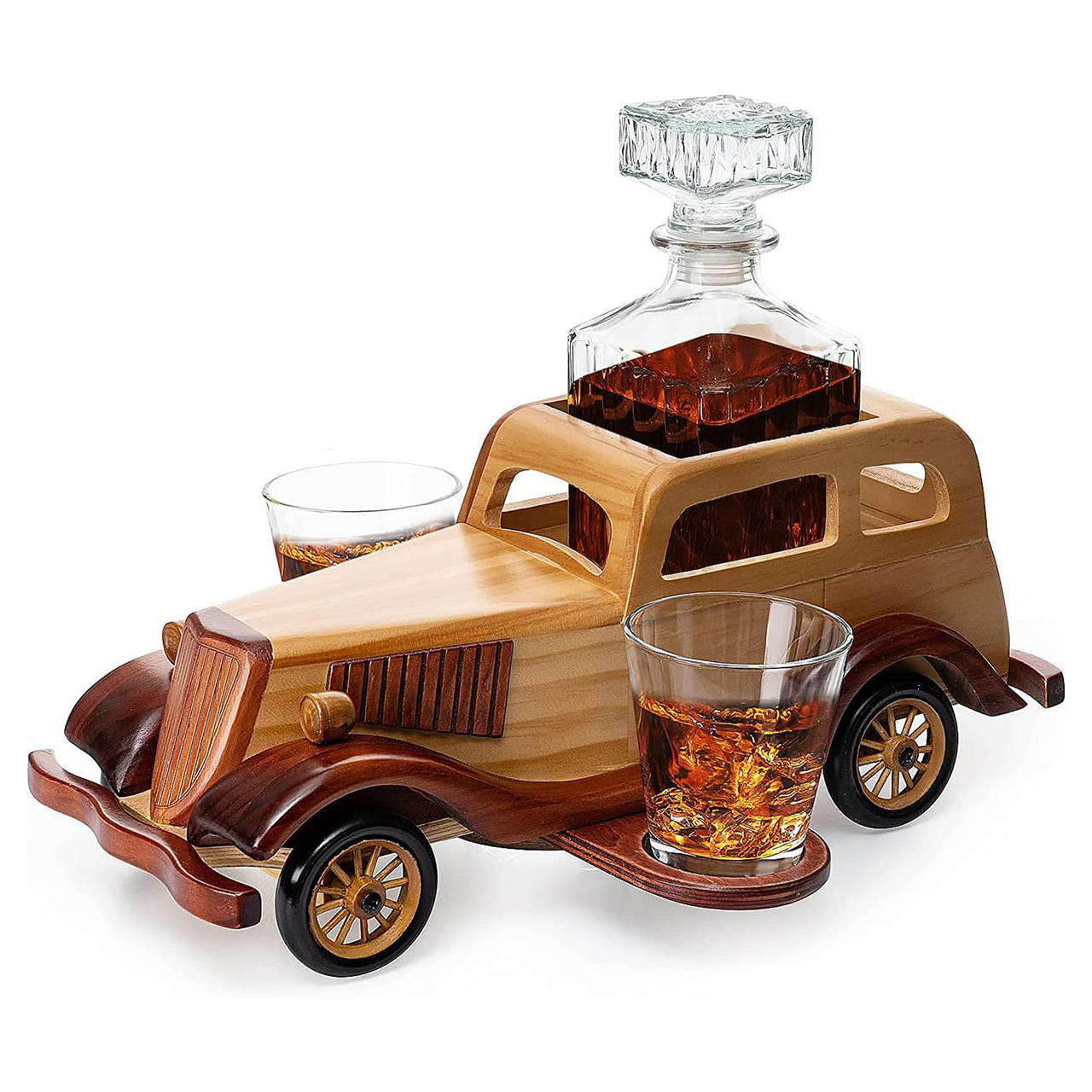 Old Fashioned Car Whiskey Decanter Set, Very Large 15" x 13" x 7" 750ml Decanter Spigot, and 2-10oz Whiskey Tumbler Old Fashion Glasses, Old Fashioned Vintage Car, Limited Edition, Great Bar Gift!-0