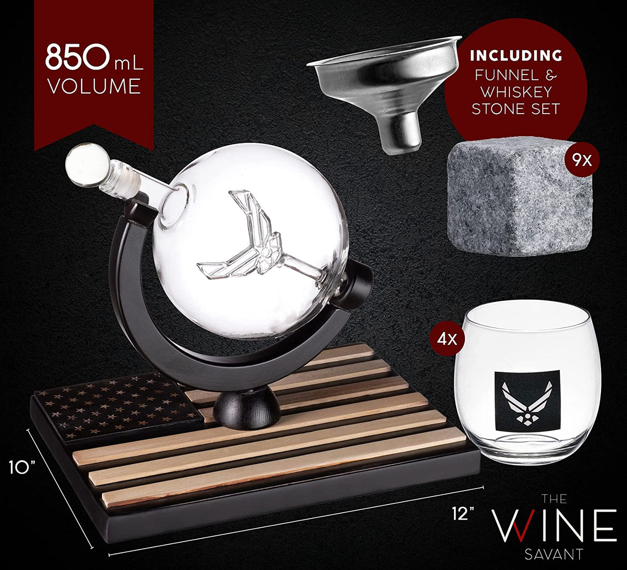 Airforce Whiskey Decanter Set with 4 Liquor Glasses Air Force Whisky Decanter & Glass Set with Wood Base & 9 Whiskey Stones - US Airforce Gifts for Men - Globe Bourbon & Scotch Gifts for Dad-2