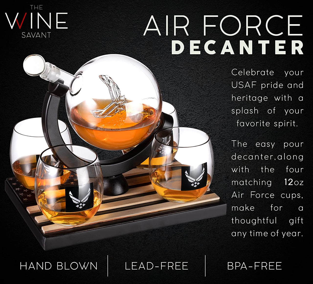 Airforce Whiskey Decanter Set with 4 Liquor Glasses Air Force Whisky Decanter & Glass Set with Wood Base & 9 Whiskey Stones - US Airforce Gifts for Men - Globe Bourbon & Scotch Gifts for Dad-3