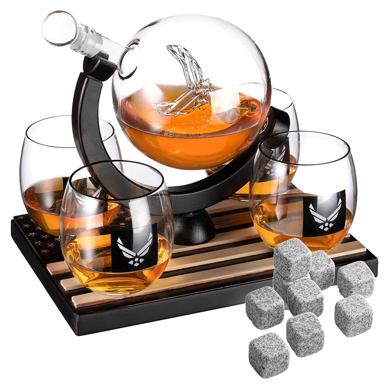 Airforce Whiskey Decanter Set with 4 Liquor Glasses Air Force Whisky Decanter & Glass Set with Wood Base & 9 Whiskey Stones - US Airforce Gifts for Men - Globe Bourbon & Scotch Gifts for Dad-0