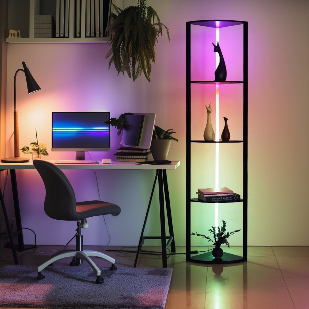 64" Corner Shelf Bookshelf with RGB LED Lights-4