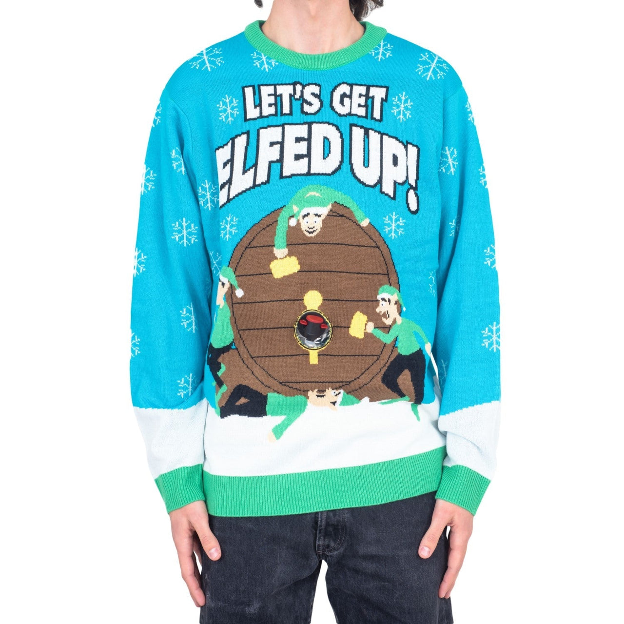 Funny Ugly Christmas Sweater Beverage Dispenser Elfed Up Blitzen's Santa Jingle Juice Knitted Pullover