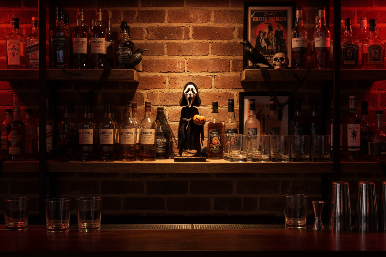 Ghost Face with Pumpkin Bobblehead Behind Bar