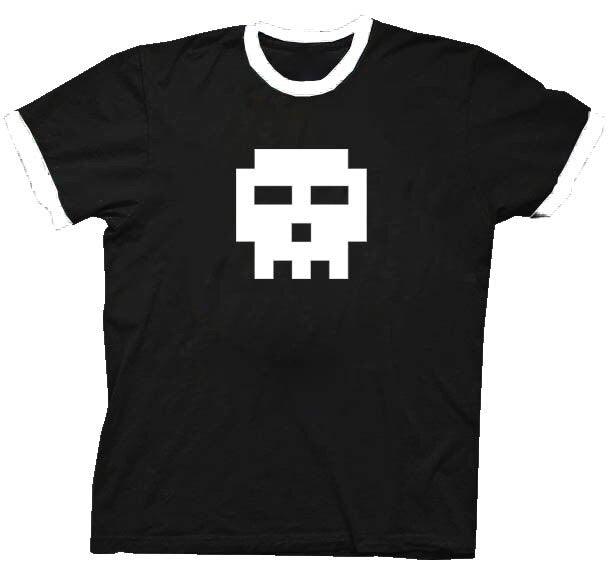 Pixel Skull Adult Black with White Ringers T-shirt